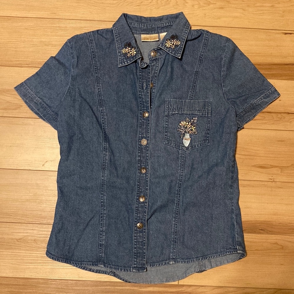 Bobbie Brooks Blue Floral Short Sleeve Denim Jacket Button Up w Front Pocket S
